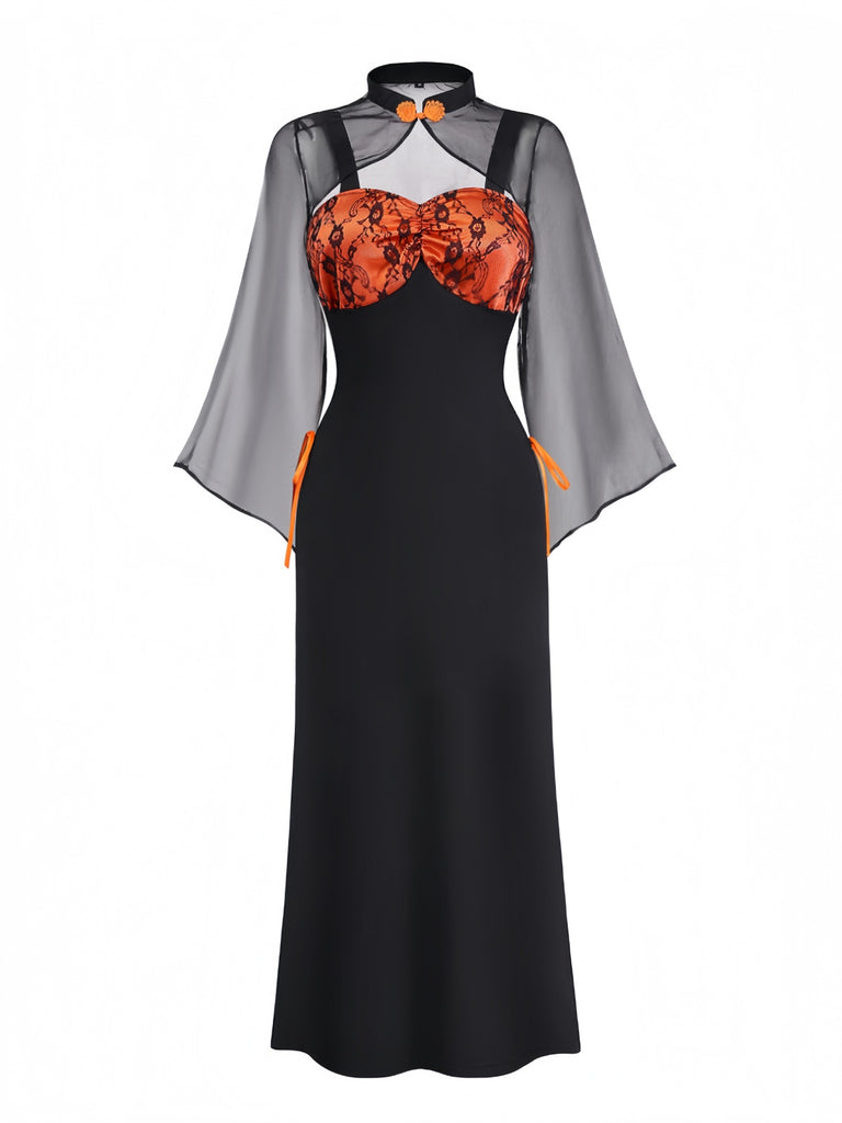Orange 1940s Floral Lace Dress With Cape & Hat, vintage dress, retro fashion, floral print, lace detail - perfect for women who love vintage and retro fashion