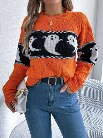 Orange 1940s Halloween Ghost Knit Sweater - vintage fashion, retro style