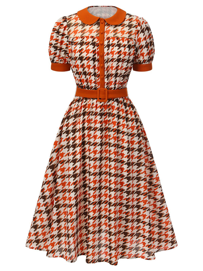 vintage houndstooth dress Retro Stage Orange Houndstooth Puff Sleeve Doll Collar Midi Dress
