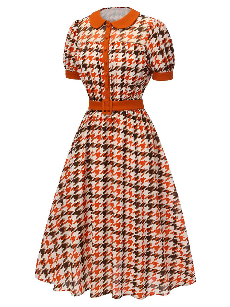 houndstooth dress for women Retro Stage Orange Houndstooth Puff Sleeve Doll Collar Midi Dress