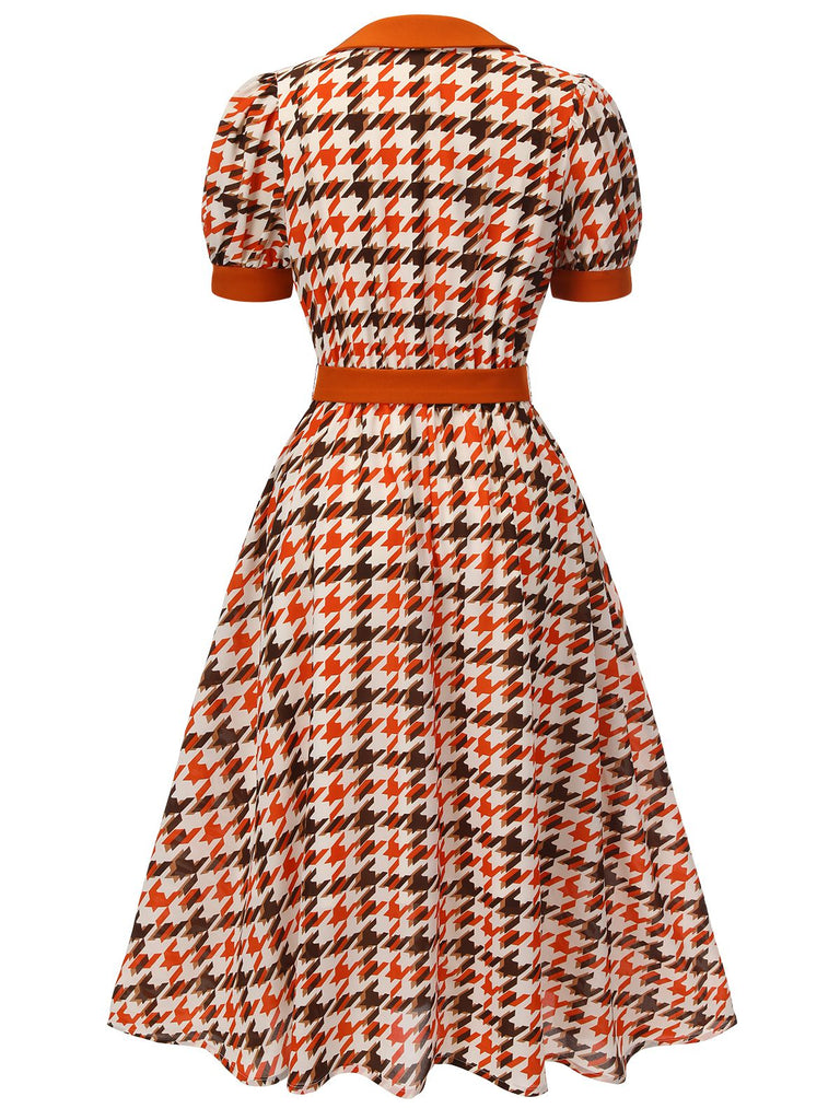 Retro Stage Houndstooth Doll Collar Midi Dress Orange Retro Stage Houndstooth Doll Collar Midi Dress Orange