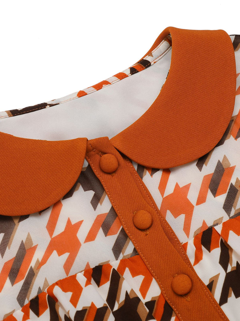 Retro Stage Houndstooth Doll Collar Midi Dress Orange Retro Stage Houndstooth Doll Collar Midi Dress Orange