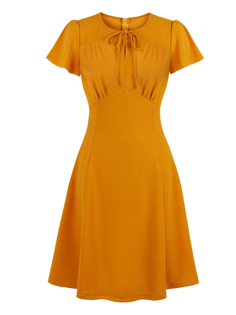 Orange 1940s Solid Lace-up Dress, vintage dress, retro fashion, lace detail - perfect for women who love vintage and retro fashion