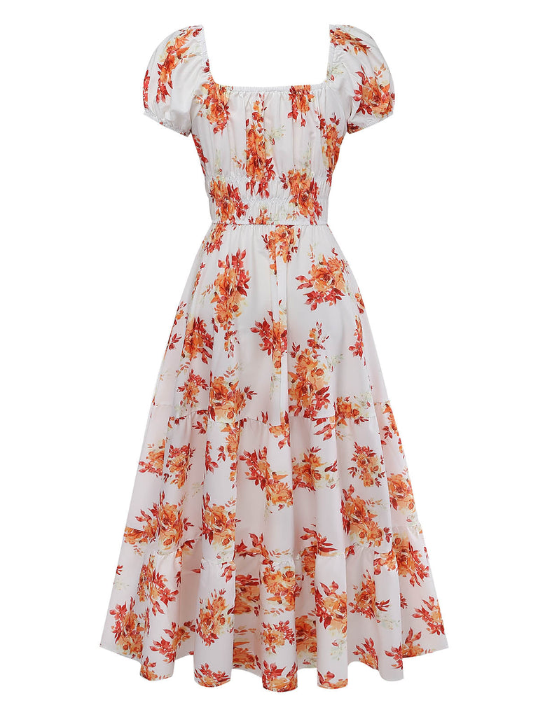 Orange 1940s Square Neck Midi Dress, vintage dress, retro fashion - perfect for women who love vintage and retro fashion