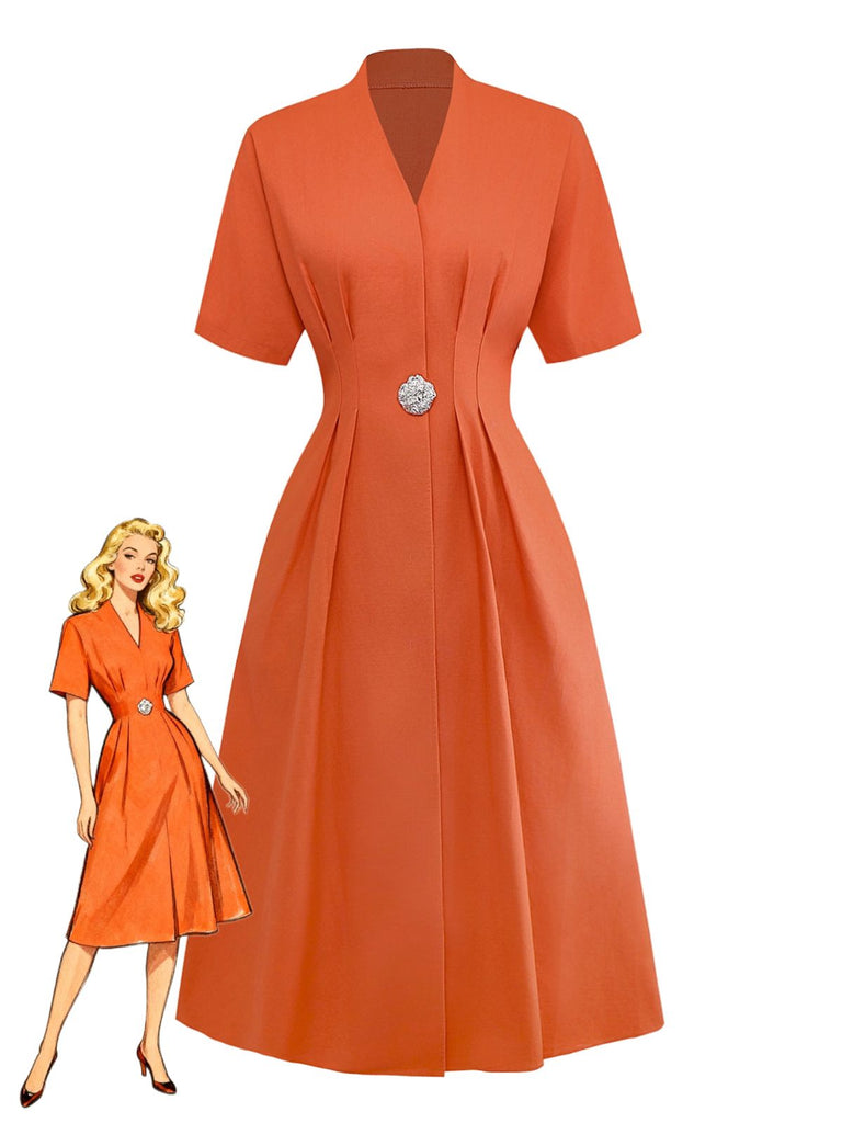 Orange 1940s V-Neck Brooch Button Solid Dress - vintage dress, retro fashion