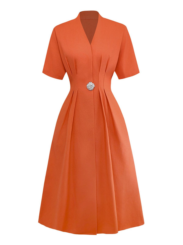 Orange 1940s V-Neck Brooch Button Solid Dress - vintage dress, retro fashion