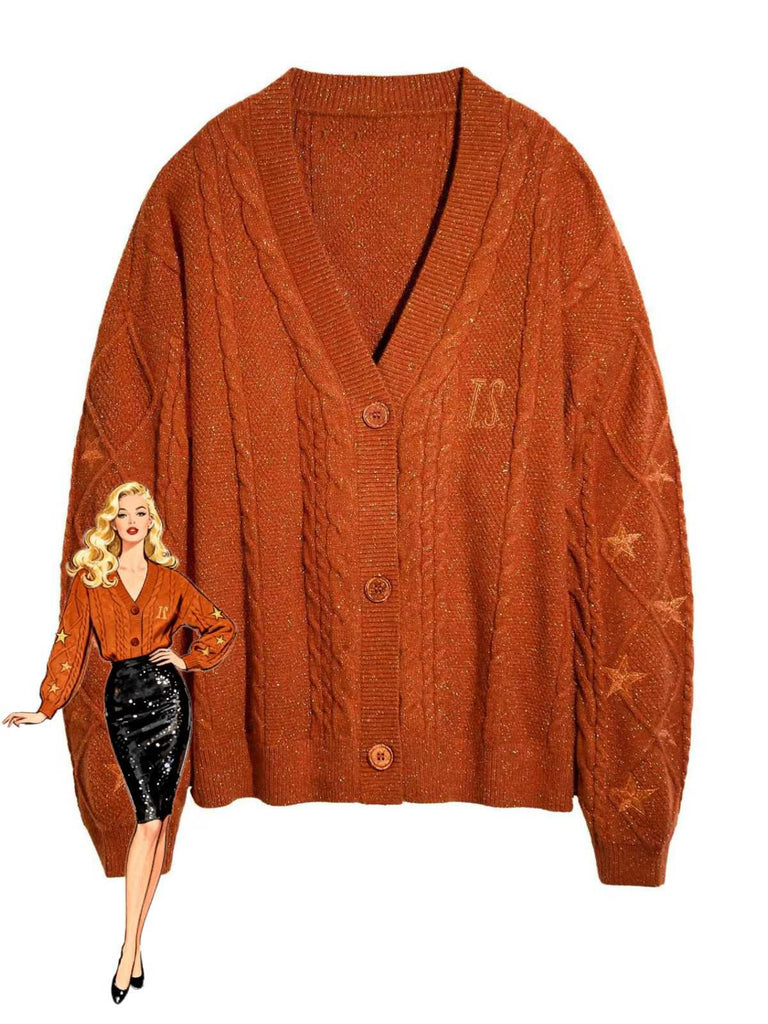 Orange 1940s V-Neck Star Embroidered Cardigan - vintage fashion, retro style, elegant red