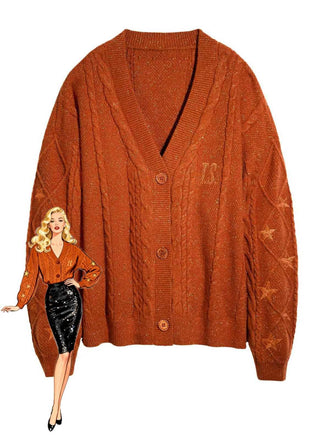 Orange 1940s V-Neck Star Embroidered Cardigan - vintage fashion, retro style, elegant red