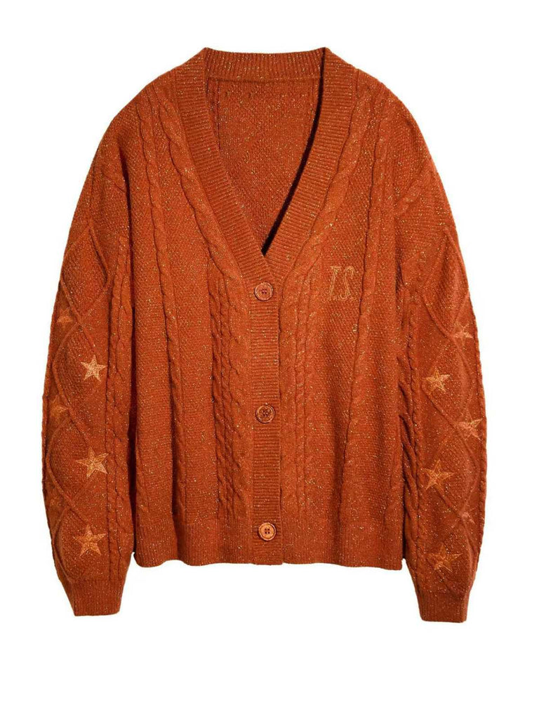 Orange 1940s V-Neck Star Embroidered Cardigan - vintage fashion, retro style, elegant red