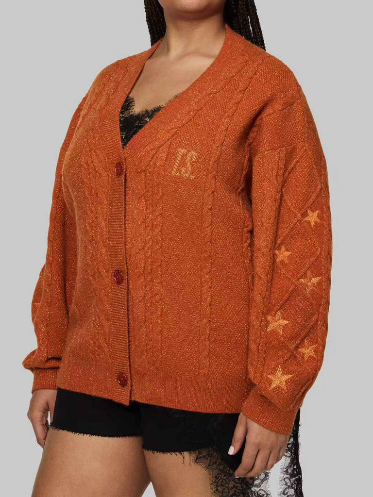 Orange 1940s V-Neck Star Embroidered Cardigan - vintage fashion, retro style, elegant red