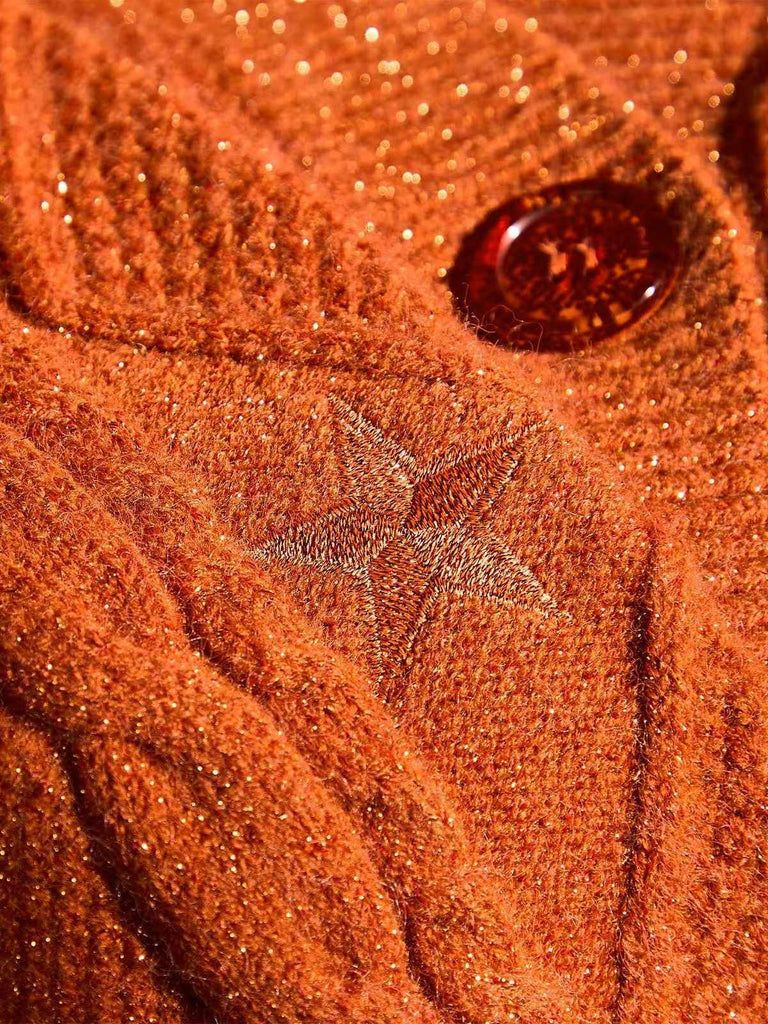 Orange 1940s V-Neck Star Embroidered Cardigan - vintage fashion, retro style, elegant red