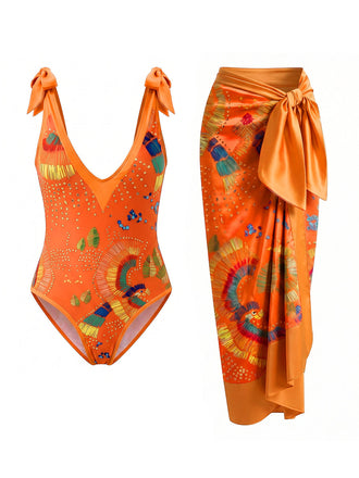 [Pre-Sale] Orange Color 1950s One Piece Print Swimsuit