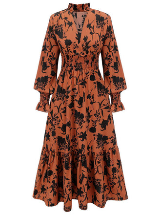 Orange 1950s Floral V-Neck High Waist Dress, vintage dress, retro fashion, rockabilly, pin-up fashion - perfect for women who love vintage and retro fashion