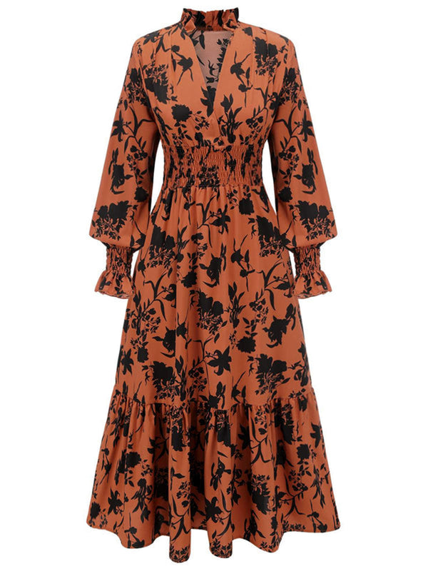 Orange 1950s Floral V-Neck High Waist Dress | Retro Stage Orange 1950s Floral V-Neck High Waist Dress | Retro Stage