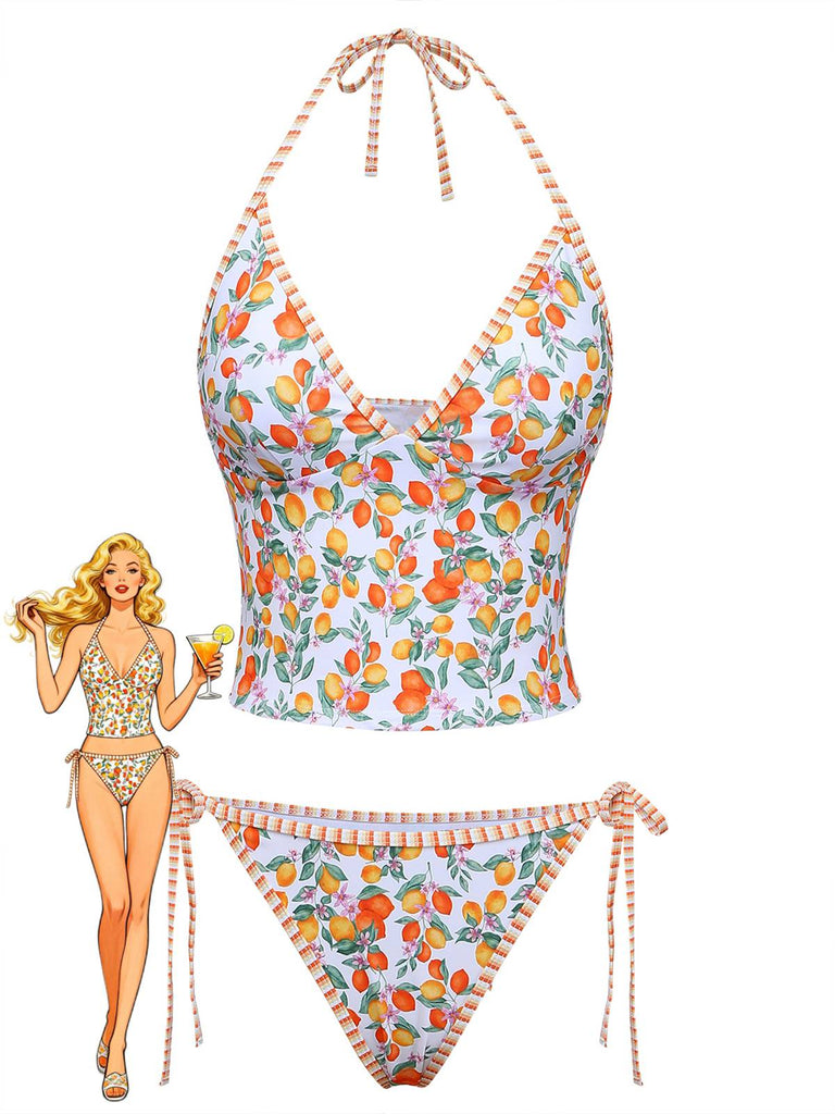 Orange 1950s Lemon Print Halter Tankini Set - vintage fashion, retro style