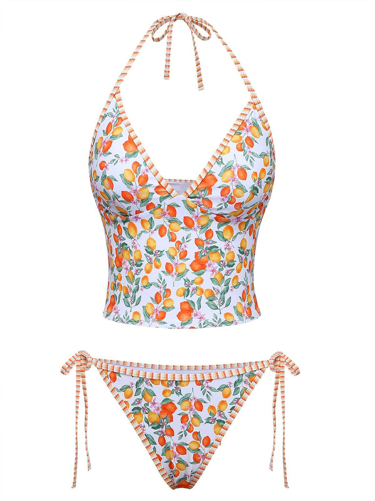 Orange 1950s Lemon Print Halter Tankini Set - vintage fashion, retro style