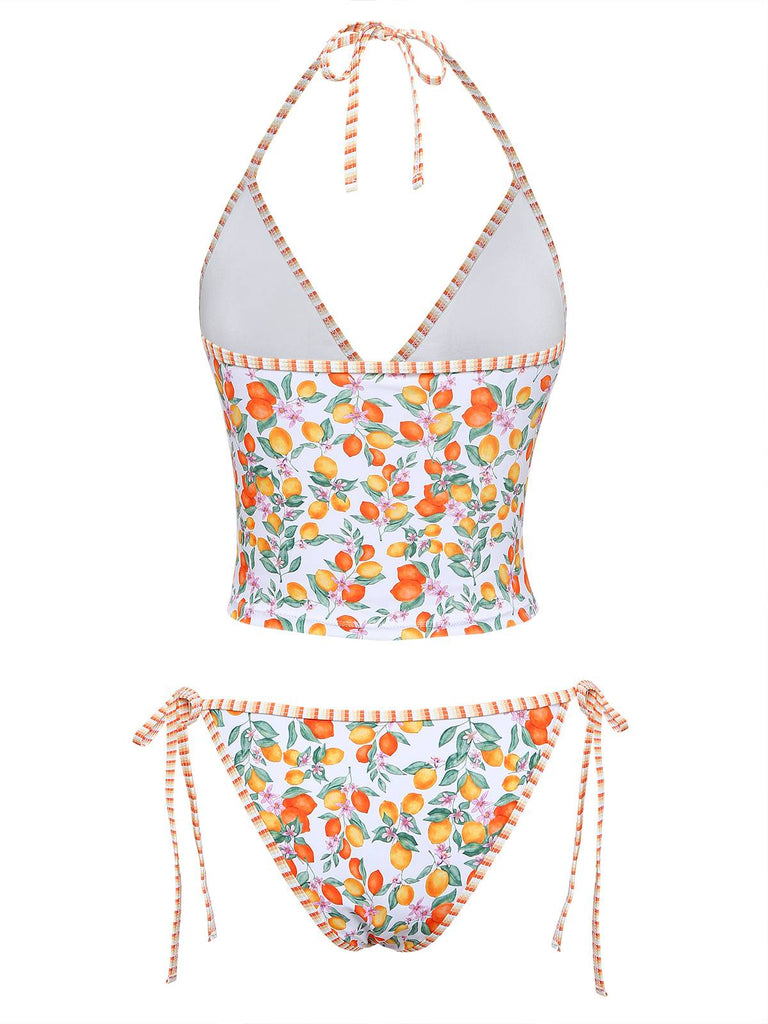 Orange 1950s Lemon Print Halter Tankini Set - vintage fashion, retro style