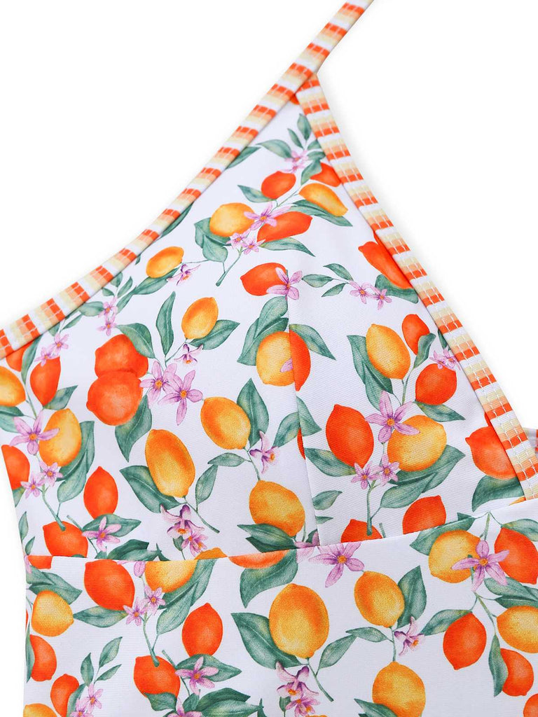 Orange 1950s Lemon Print Halter Tankini Set - vintage fashion, retro style