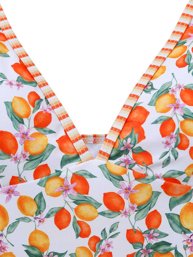 Orange 1950s Lemon Print Halter Tankini Set - vintage fashion, retro style