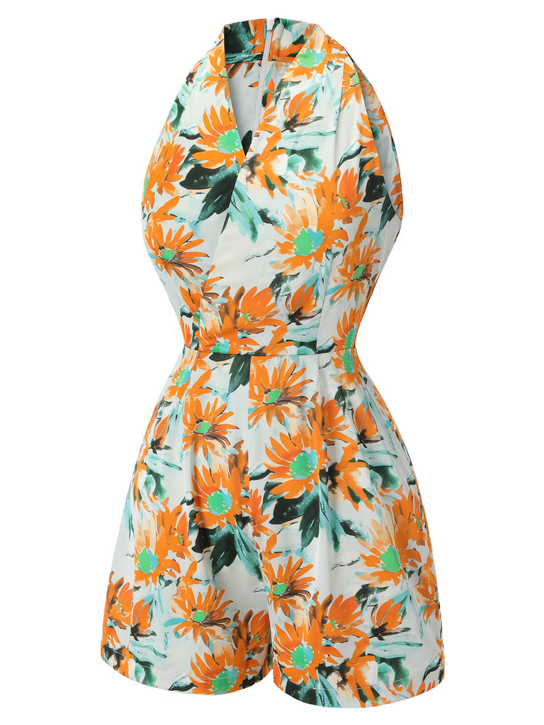 Orange 1950s Painted Sunflower V-Neck Romper, vintage romper, retro jumpsuit - perfect for women who love vintage and retro fashion