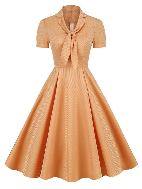 Retro Stage 1950s Plaid Tie Collar Dress Orange Retro Stage 1950s Plaid Tie Collar Dress Orange