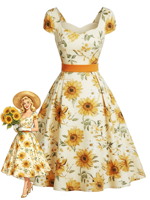 Retro Stage Sunflower Floral Sweetheart Neck Swing Dress 50s Fashion Orange
