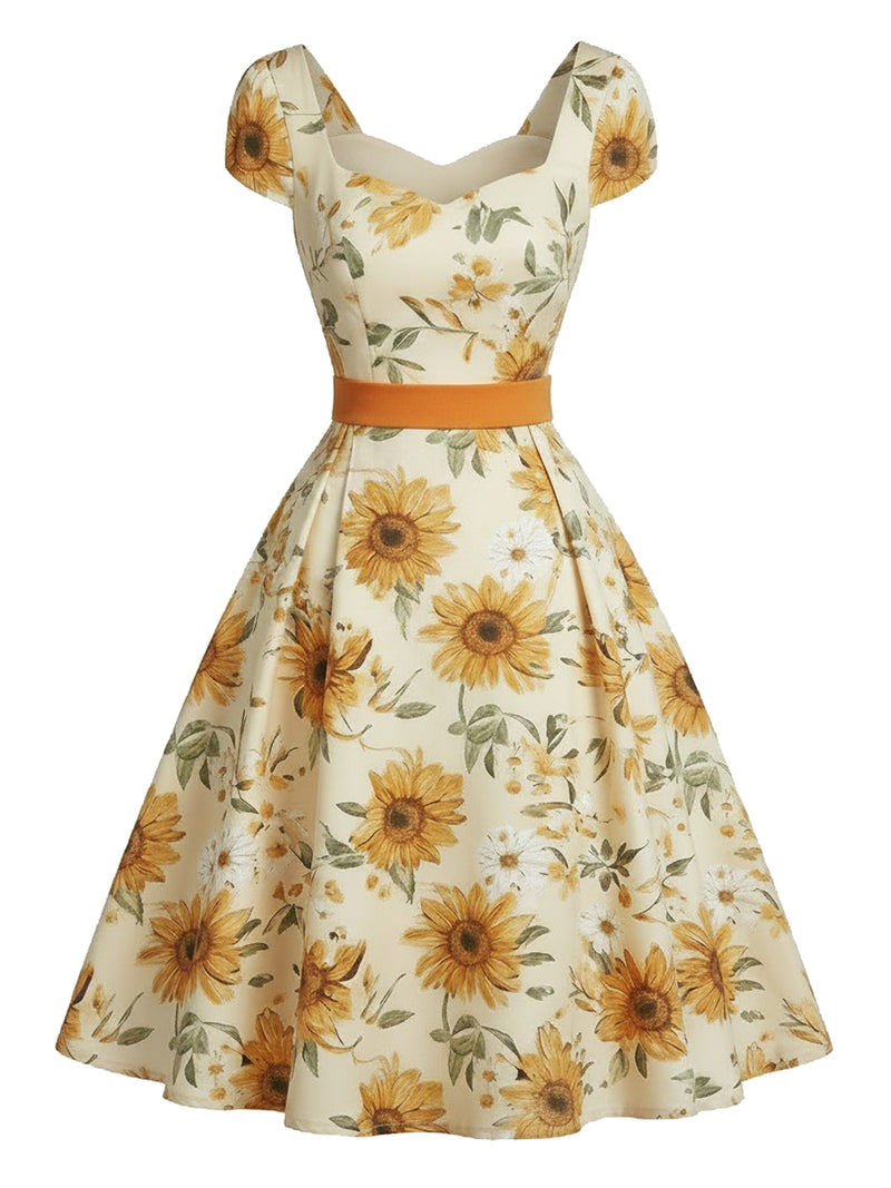 Pre-Sale] Orange 1950s Sunflower Sweetheart Neck Dress | Retro Stage