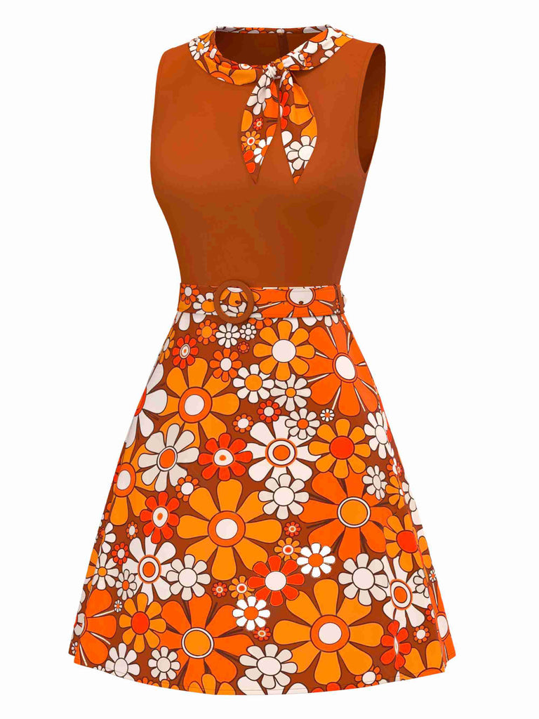 Orange 1960s Boho Psychedelic Floral Belted Dress - vintage dress, retro fashion