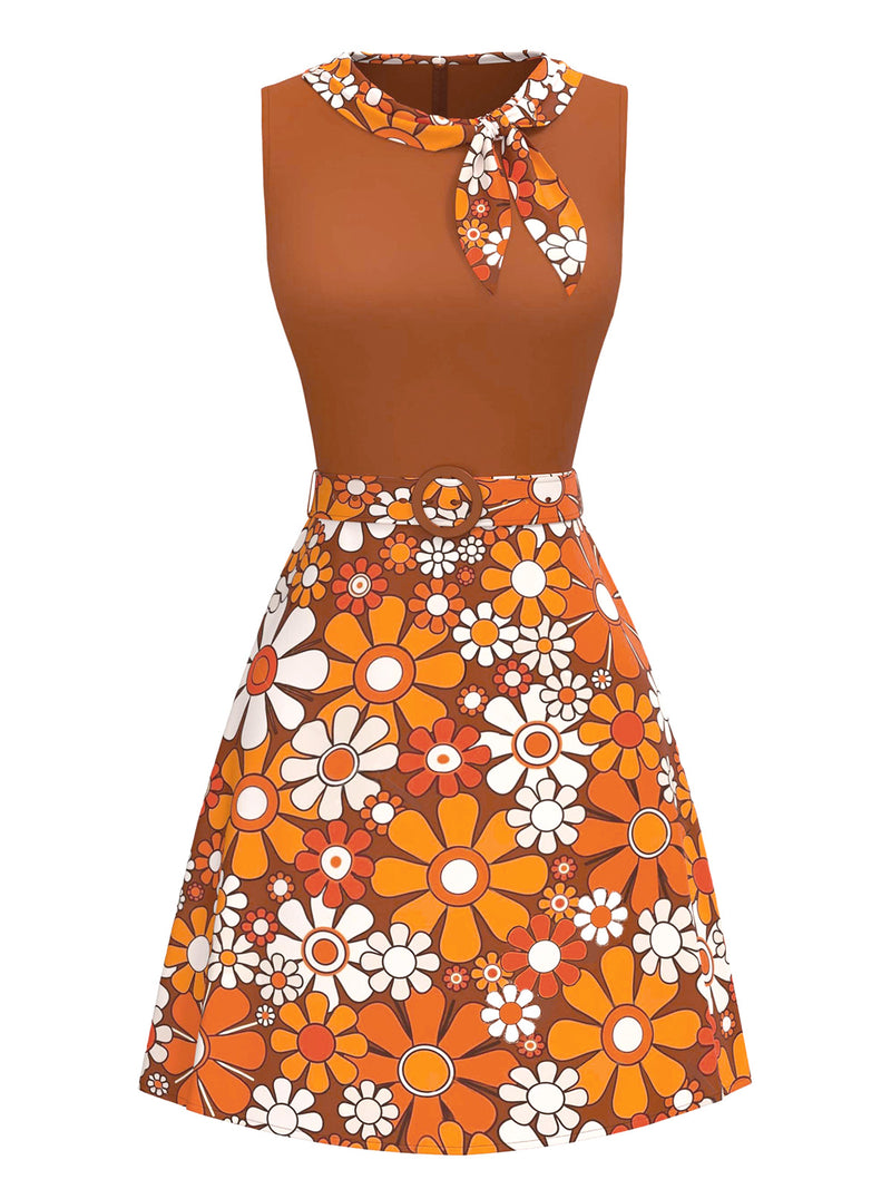 Retro Stage Boho Psychedelic Floral Belted Mini Dress | 60s Dress | 2PCS