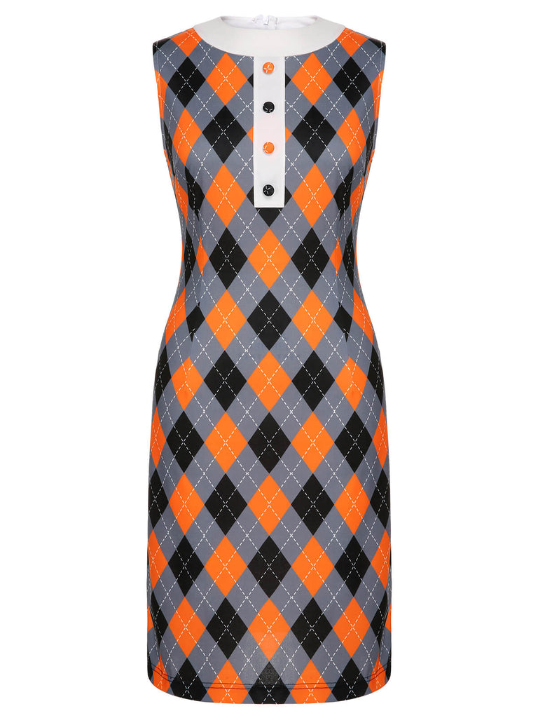 strapless open back dress Orange 1960s Color Block Argyle Shift Dress
