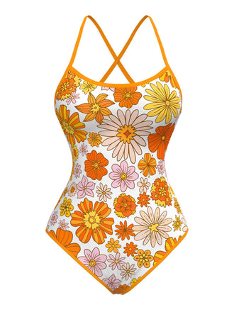 She's wearing Orange 1960s Daisy Cross Back One-Piece Swimsuit and the whole beach remembers the 1960s