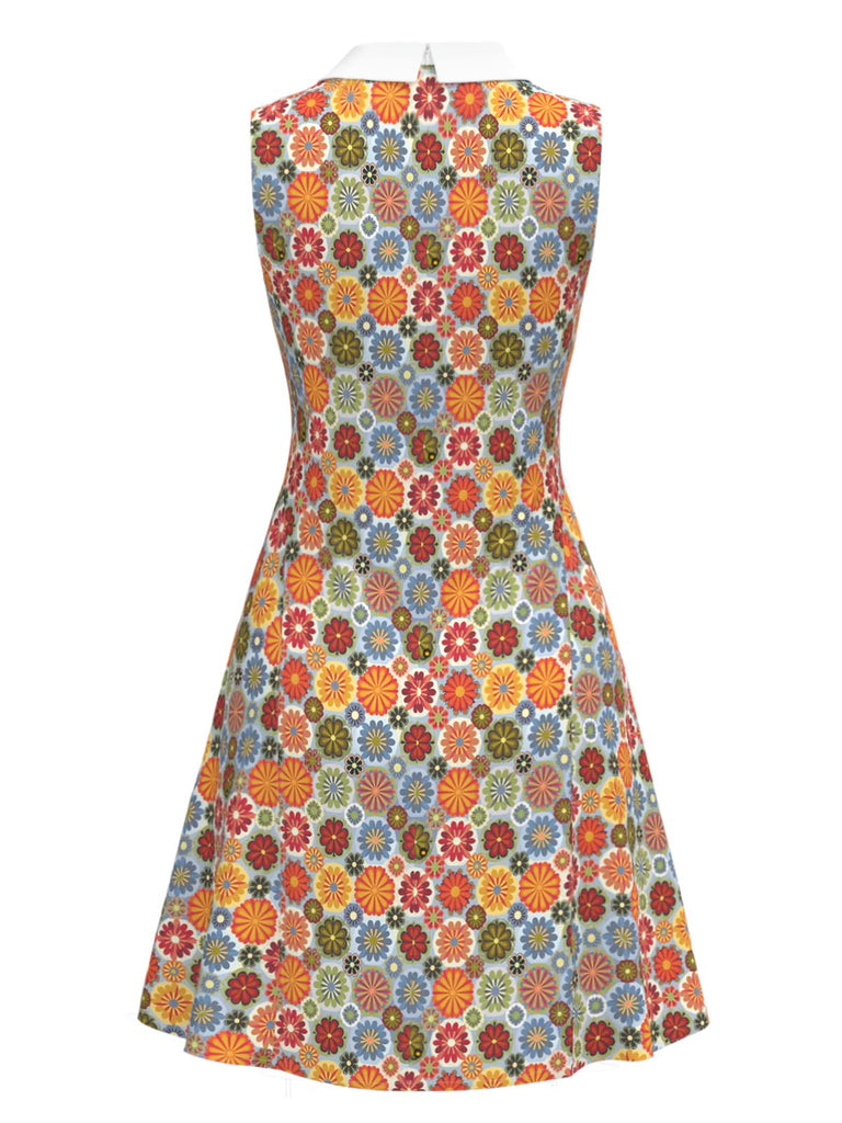 yellow and orange dress Retro Stage 1960s Groovy Daisy Flower Peter Pan Collar Sleeveless Shift Dress | 70s Dress