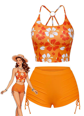 Orange 1960s Floral Backless Bikini Set - vintage fashion, retro style