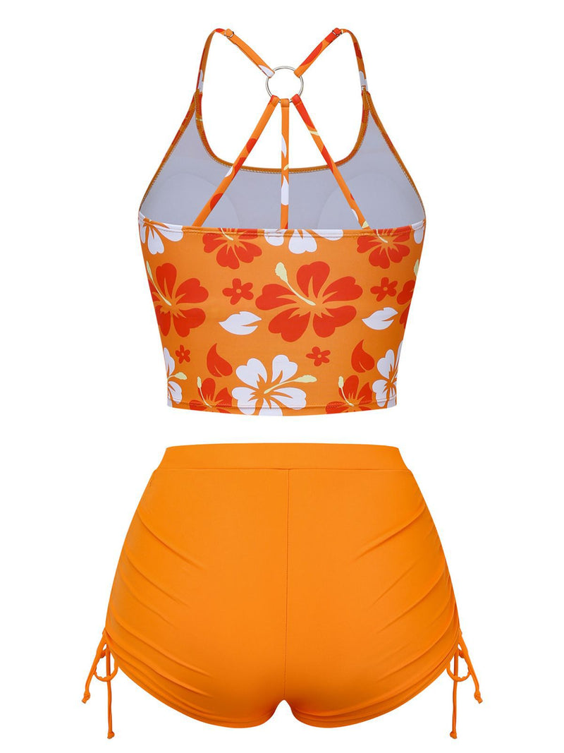 Orange 1960s Floral Backless Bikini Set | Retro Stage