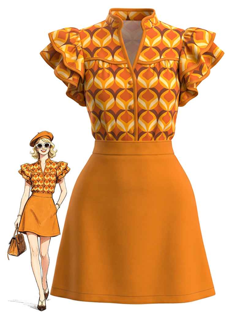 [Pre-Sale] Orange Color 1960s Floral Patchwork Classic Dress 3