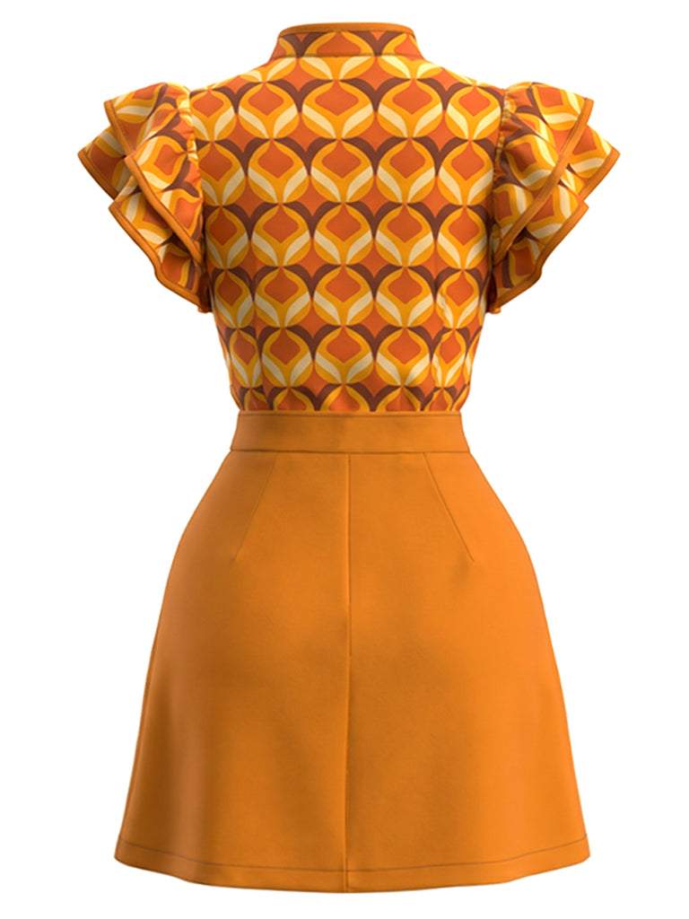 [Pre-Sale] Orange Color 1960s Floral Patchwork Classic Dress 2