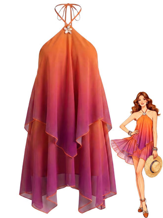 Orange 1960s Gradient Halter Layered Chiffon Mini Dress, vintage dress, retro fashion - perfect for women who love vintage and retro fashion