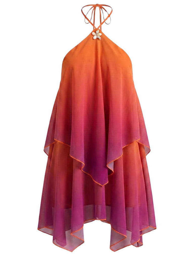 Orange Ombre Halter Layered Chiffon Mini Dress Outfits for Hawaii