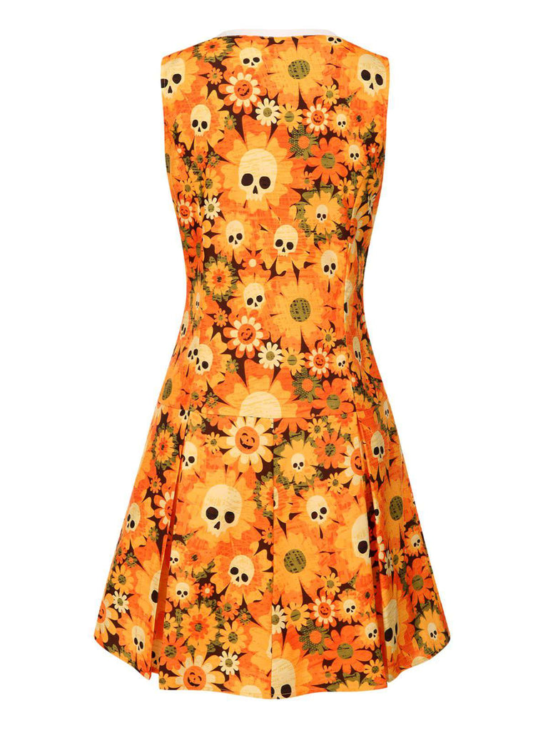 Orange 1960s Halloween Skull Floral Print V-Neck Dress, vintage dress, retro fashion, floral print - perfect for women who love vintage and retro fashion