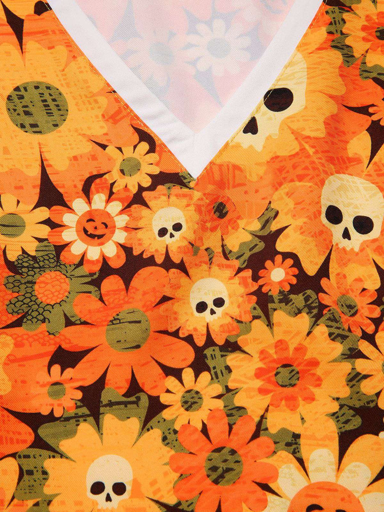Orange 1960s Halloween Skull Floral Print V-Neck Dress, vintage dress, retro fashion, floral print - perfect for women who love vintage and retro fashion
