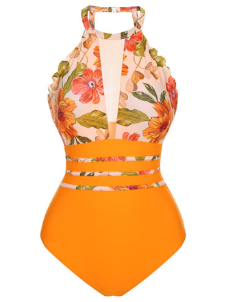 Orange 1960s Halter Floral One-Piece Swimsuit