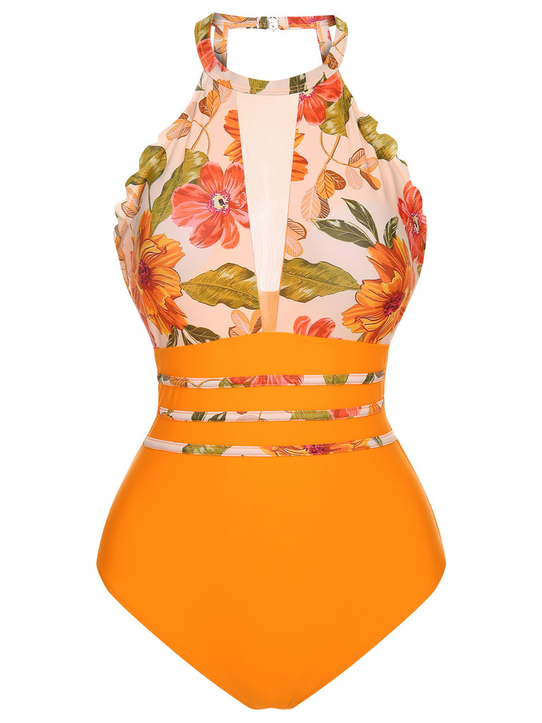 She's wearing Orange 1960s Halter Floral One-Piece Swimsuit and the whole beach remembers the 1960s