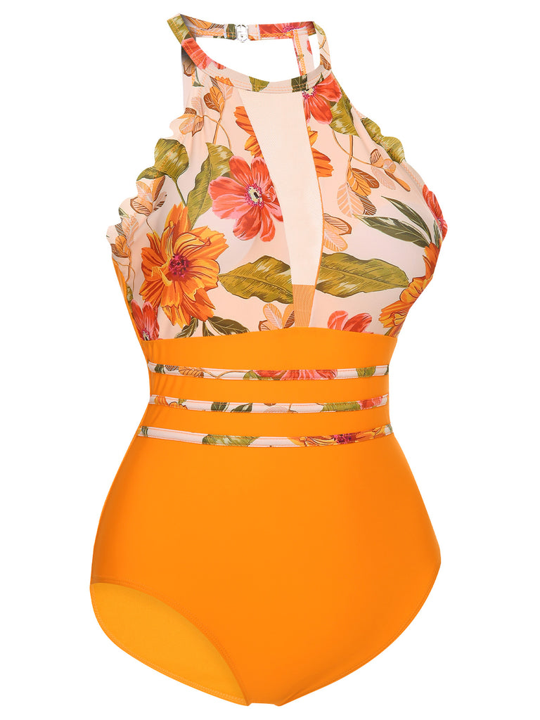 Orange 1960s Halter Floral One-Piece Swimsuit: 1960s Riviera elegance, reimagined for her