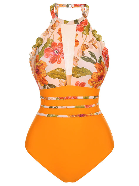 Orange 1960s Halter Floral One-Piece Swimsuit | Retro Stage