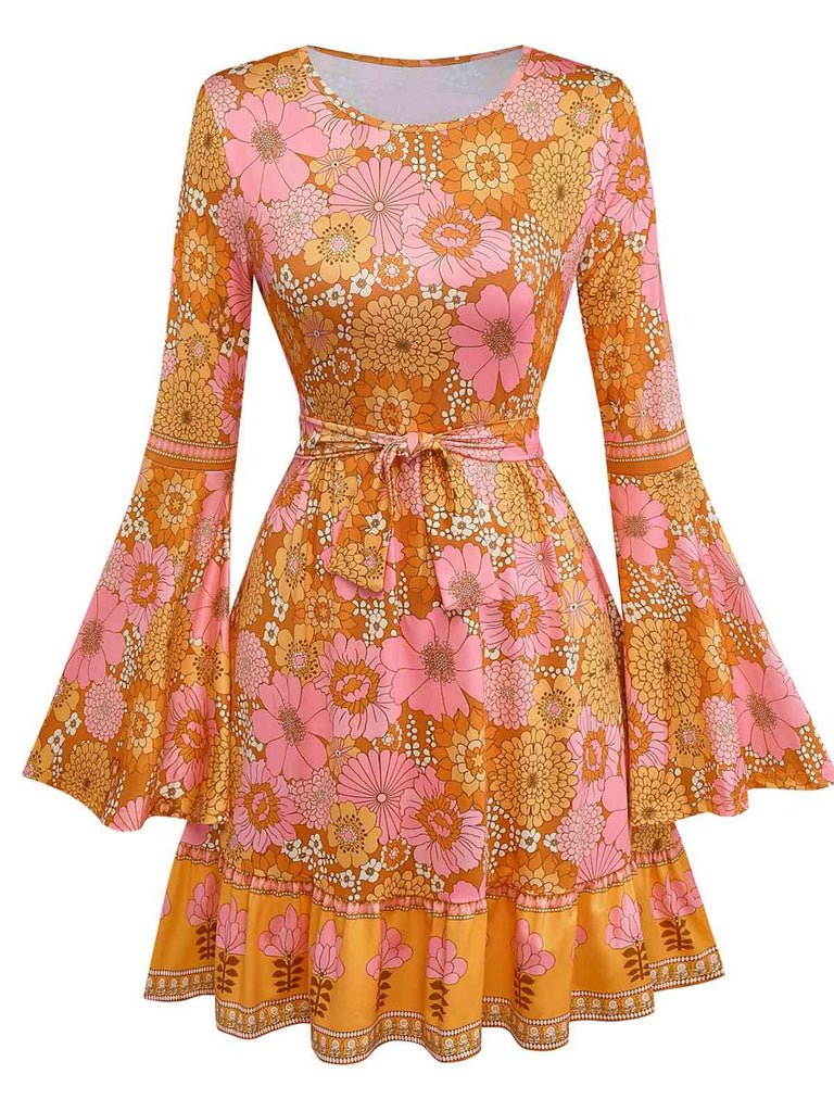 Retro Stage Hippe Bell Sleeve Floral Mini Dress Orange