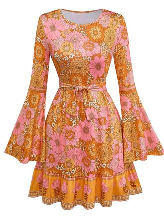 Orange 1960s Hippe Bell Sleeve Floral Dress - vintage dress, retro fashion