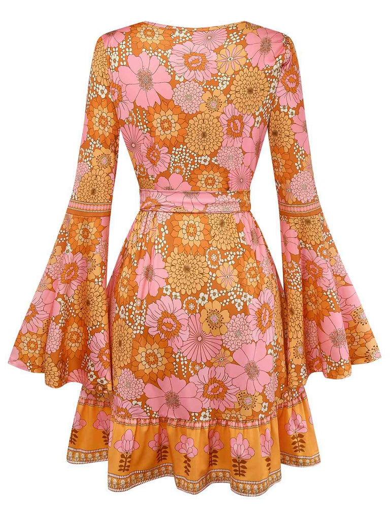 Retro Stage Hippe Bell Sleeve Floral Mini Dress Orange