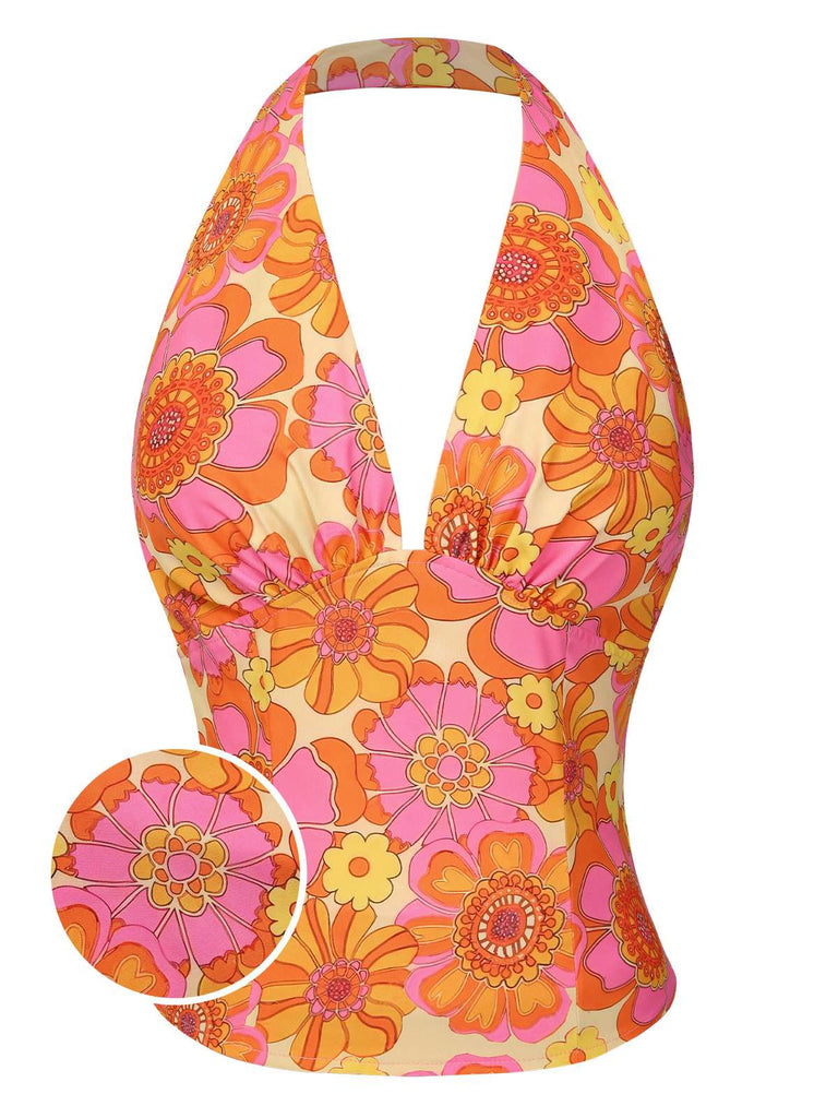 Orange 1960s Hippie Floral Halter Top, vintage top, retro blouse - perfect for women who love vintage and retro fashion