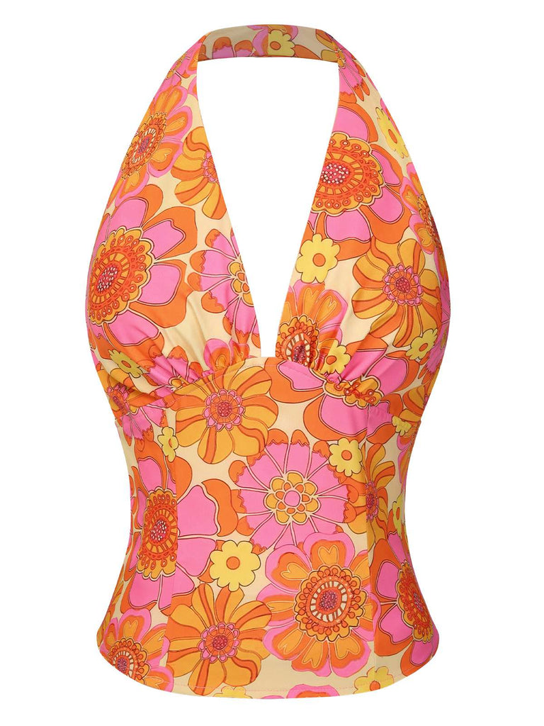 Orange 1960s Hippie Floral Halter Top, vintage top, retro blouse - perfect for women who love vintage and retro fashion