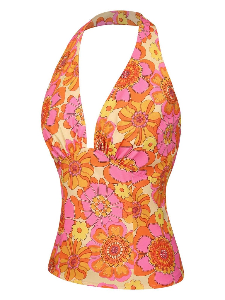 Orange 1960s Hippie Floral Halter Top, vintage top, retro blouse - perfect for women who love vintage and retro fashion